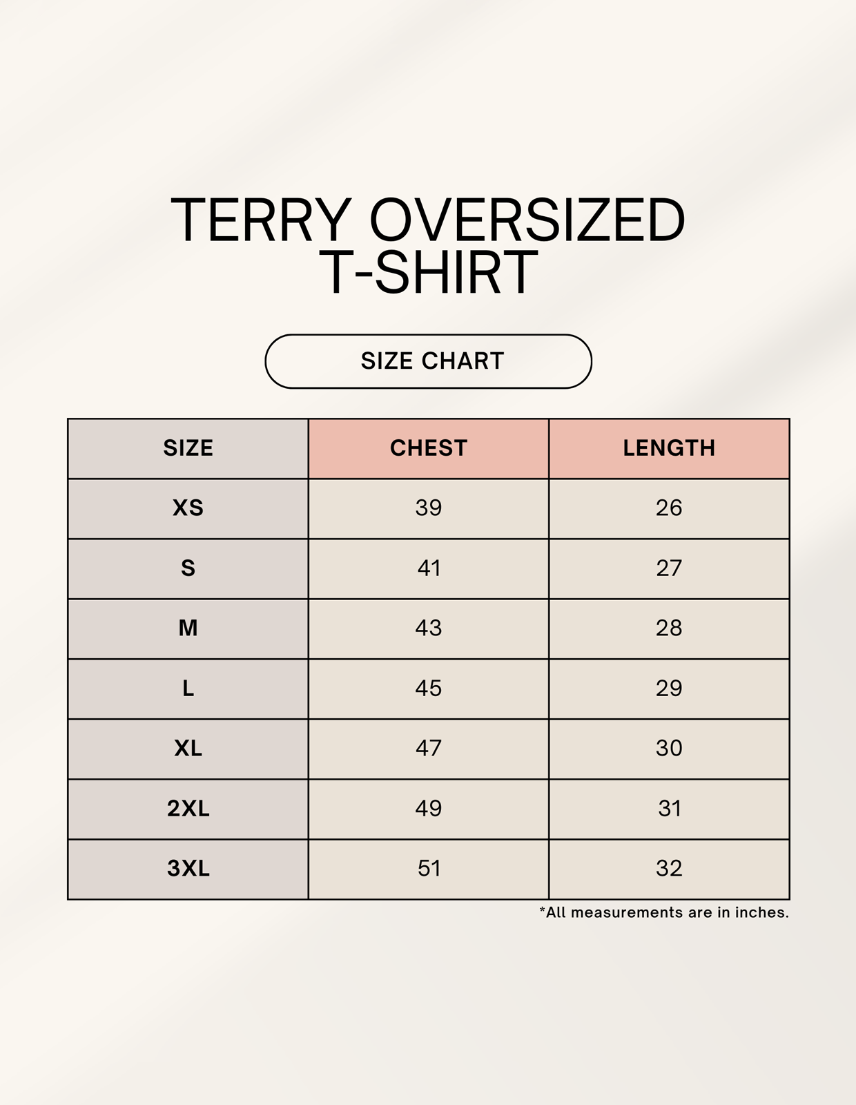 Khojo oversized terry t-shirt size chart – XS to XXL fit guide
