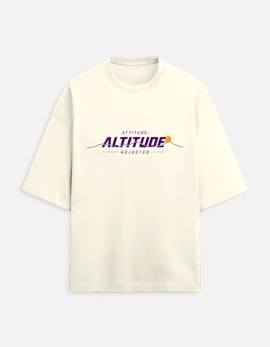 Altitude Adjusted oversized terry mountain travel t-shirt – front print, unisex drop-shoulder fit | Khojo