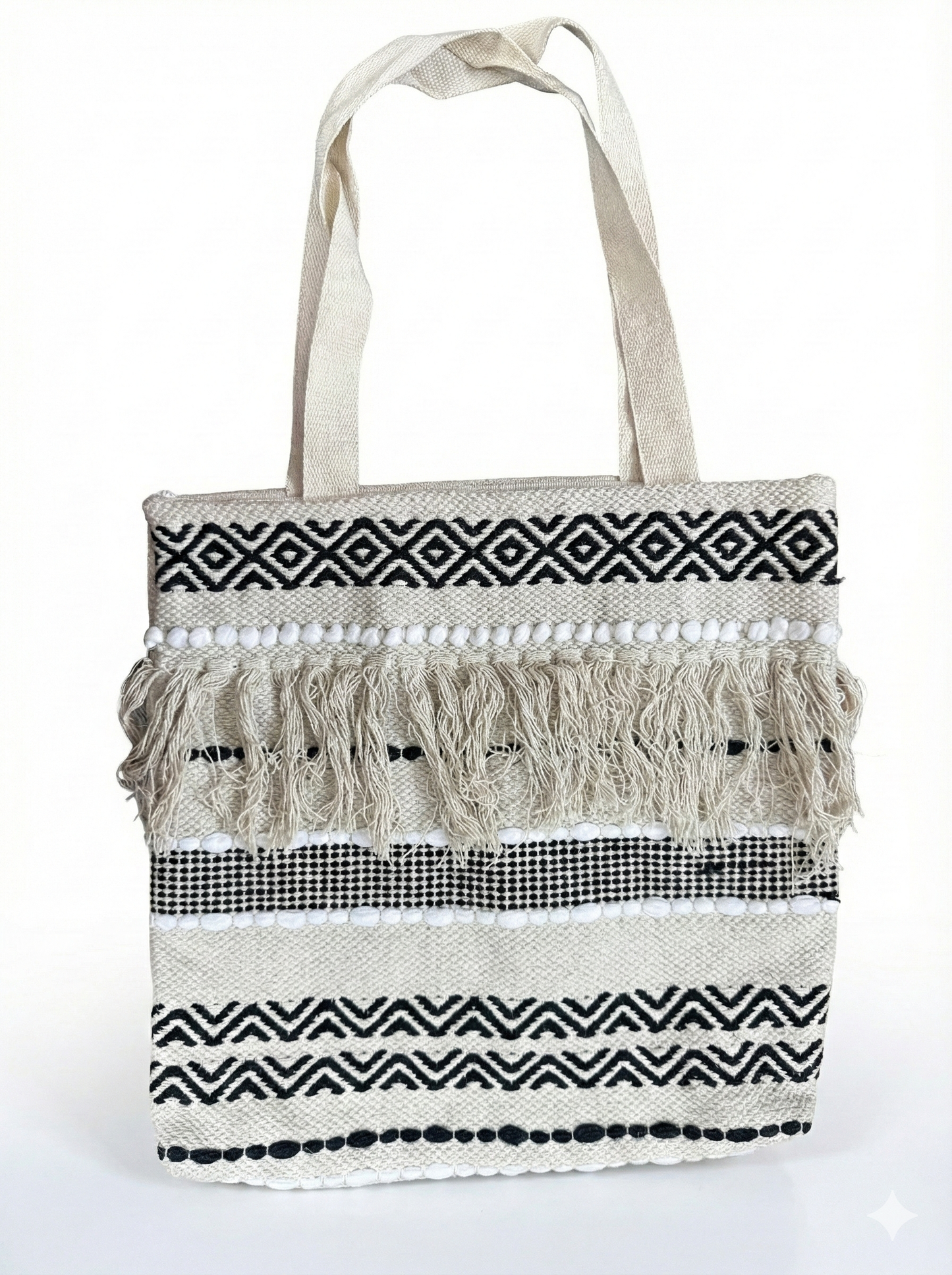 Eco-friendly hemp tote bag featuring handcrafted multicolor - black|beige color ethnic cotton weave, fringe tassels, and durable shoulder handles for everyday use.