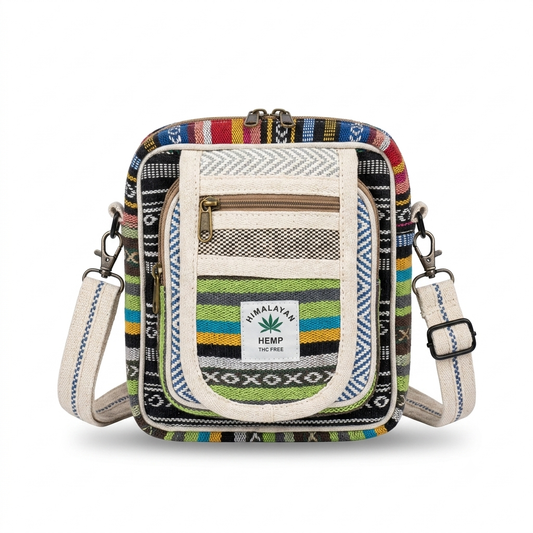 Khojo Hemp Hululu Sling Bag in a multicolour stripe weave, front view