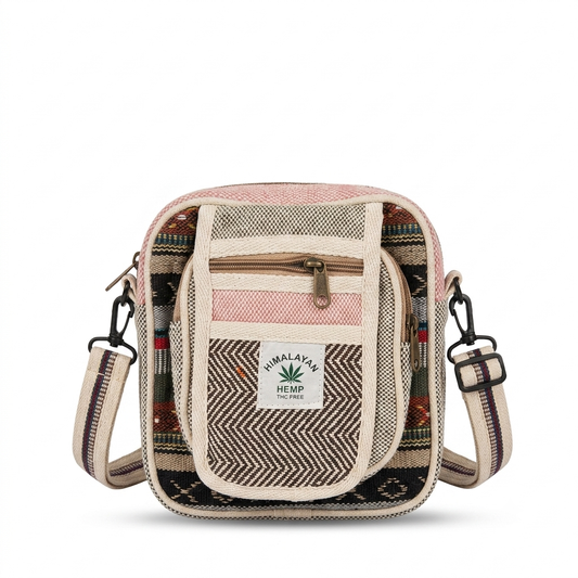 Hemp Hululu Sling Bag hanging by its adjustable strap, Khojo