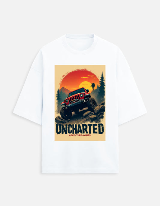 white unisex terry oversized travel t-shirt with adventure graphic design