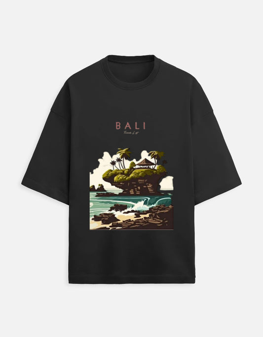black unisex terry oversized travel t-shirt with bali graphic design