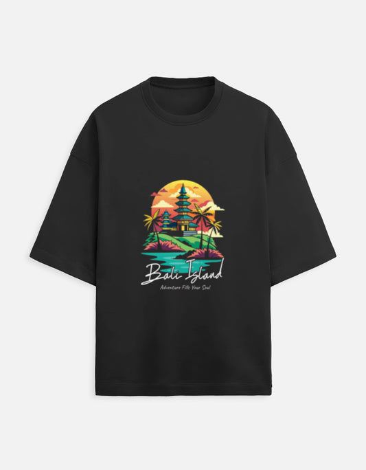 black unisex terry oversized travel t-shirt with bali island graphic design