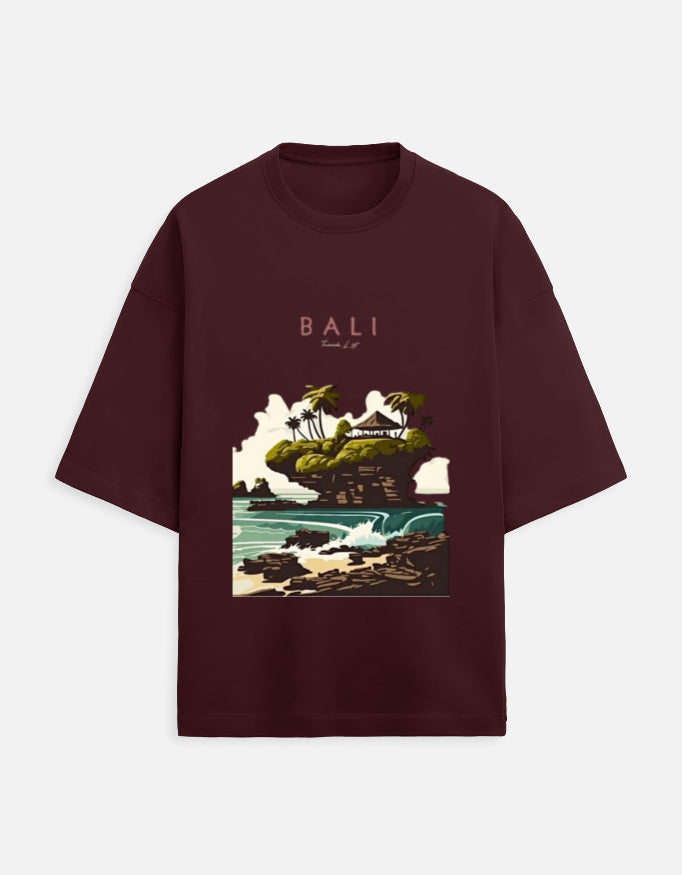 maroon unisex terry oversized travel t-shirt with bali graphic design