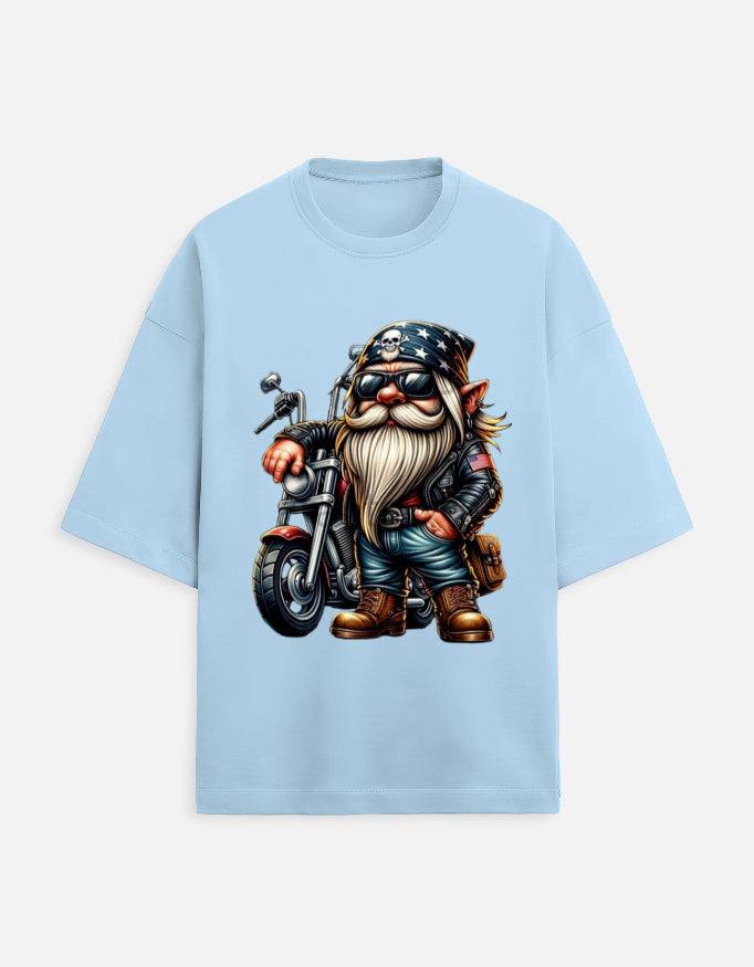 baby blue unisex terry oversized travel t-shirt with bike-ride graphic design