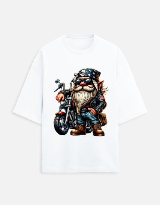 white unisex terry oversized travel t-shirt with bike-ride graphic design