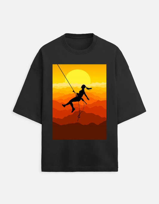 black unisex terry oversized travel t-shirt with bunji jumping graphic design