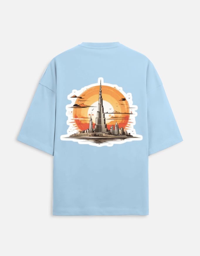 baby blue unisex terry oversized travel t-shirt with burj khalifa graphic design