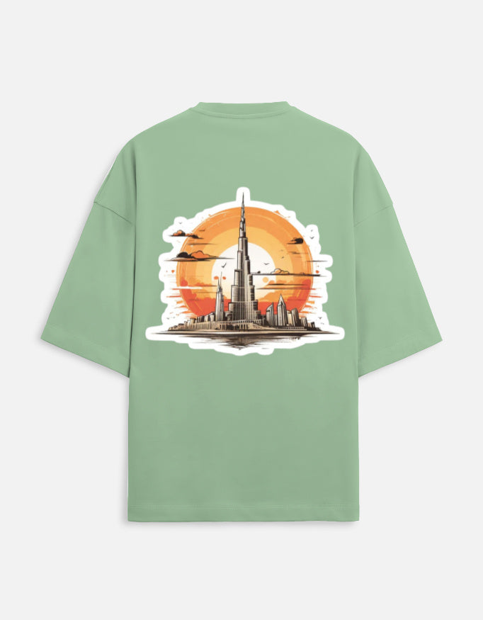 jade unisex terry oversized travel t-shirt with burj khalifa graphic design