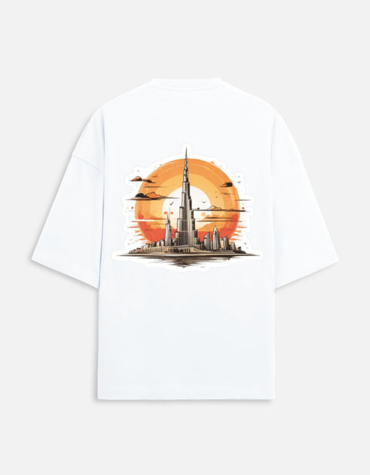 white unisex terry oversized travel t-shirt with burj khalifa graphic design