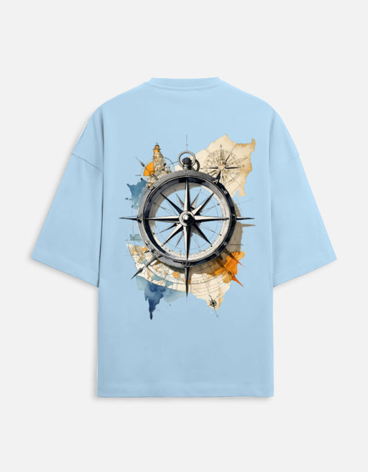baby blue unisex terry oversized travel t-shirt with compass graphic design