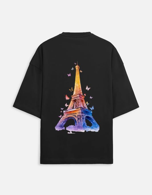 black unisex terry oversized travel t-shirt with eiffel tower graphic design