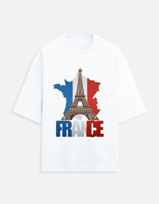 white unisex terry oversized travel t-shirt with france graphic design