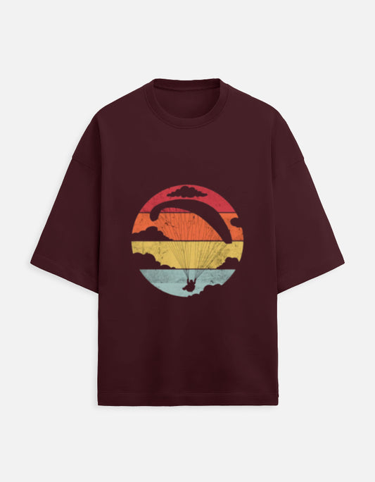 maroon unisex terry oversized travel t-shirt with gliding graphic design