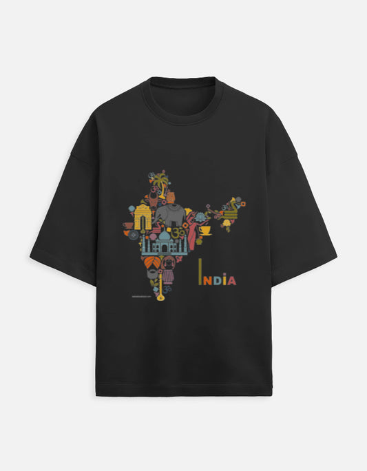 black unisex terry oversized travel t-shirt with India graphic design