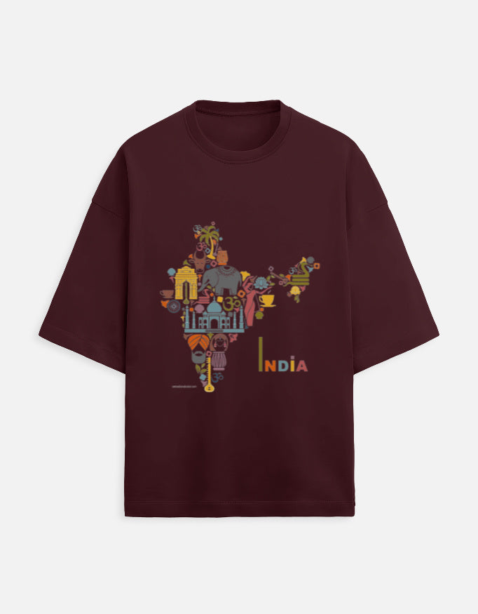 maroon unisex terry oversized travel t-shirt with India graphic design