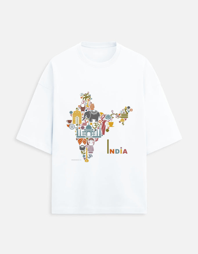 White unisex terry oversized travel t-shirt with India graphic design