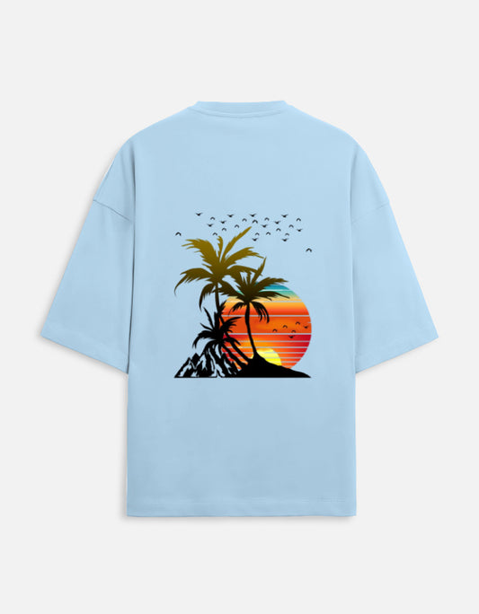 baby blue unisex terry oversized travel t-shirt with island graphic design