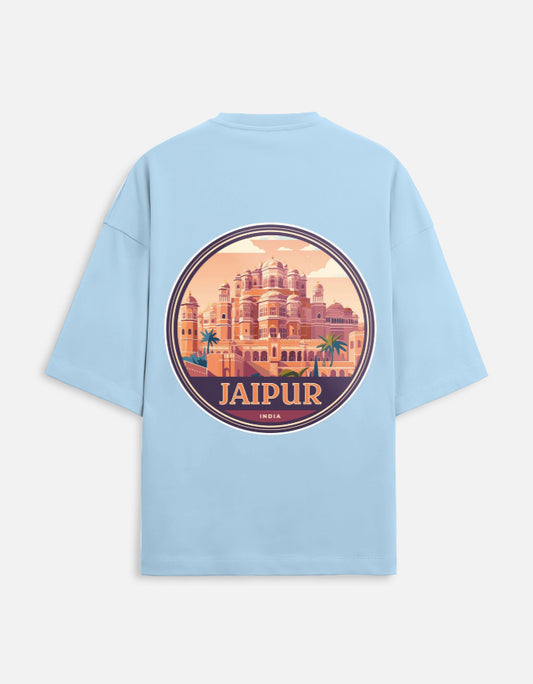 baby blue unisex terry oversized travel t-shirt with jaipur graphic design