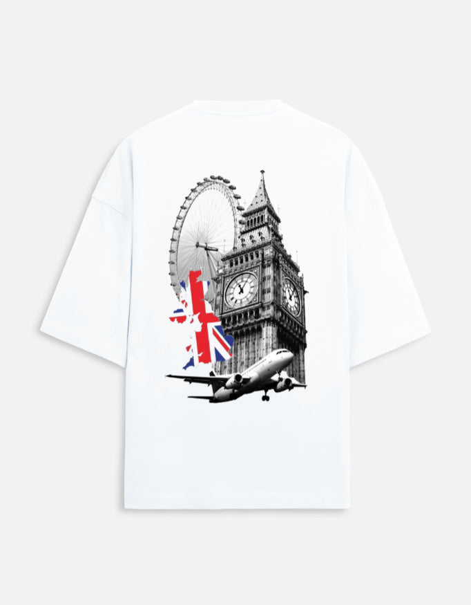 White unisex terry oversized travel t-shirt with london graphic design