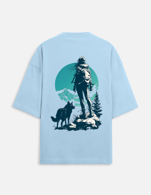 baby blue unisex terry oversized travel t-shirt with mountain-adventure graphic design