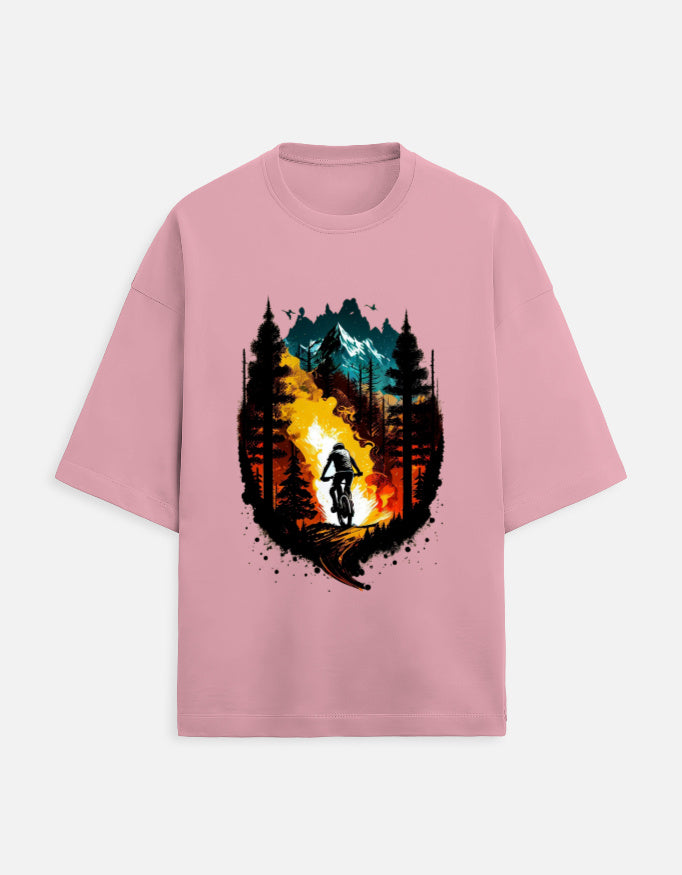 flamingo unisex terry oversized travel t-shirt with colorful mountain graphic design