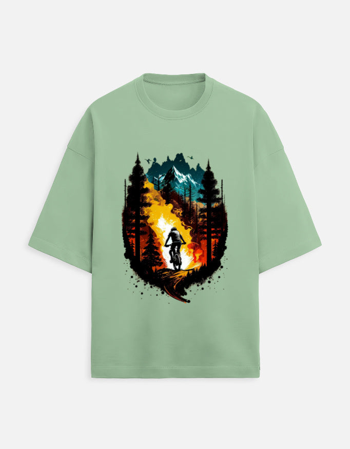 jade unisex terry oversized travel t-shirt with colorful mountain graphic design