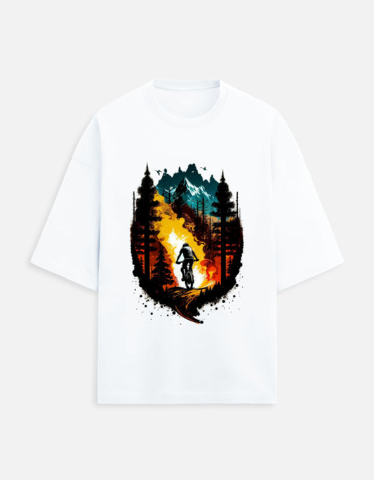 white unisex terry oversized travel t-shirt with colorful mountain graphic design