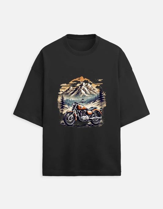 black unisex terry oversized travel t-shirt with mountain-ride graphic design