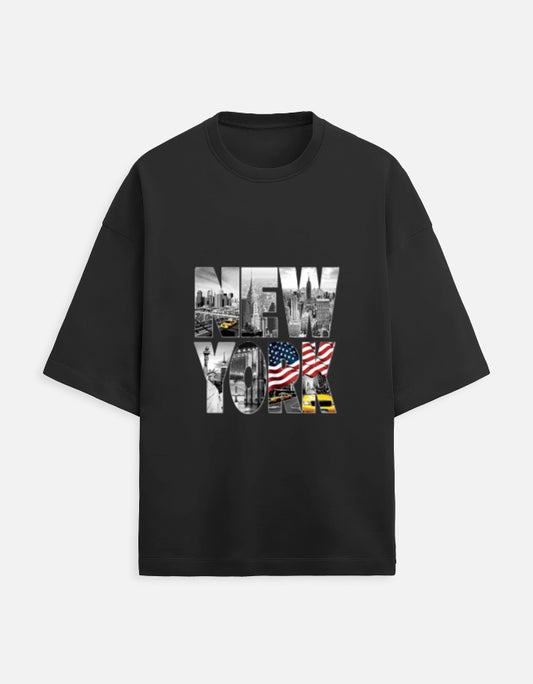 black unisex terry oversized travel t-shirt with new york graphic design