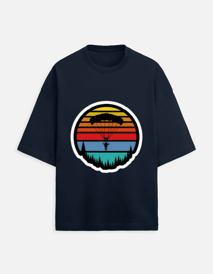 dark blue unisex terry oversized travel t-shirt with tree graphic design