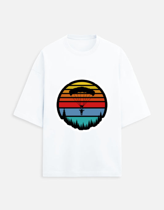 white unisex terry oversized travel t-shirt with tree graphic design