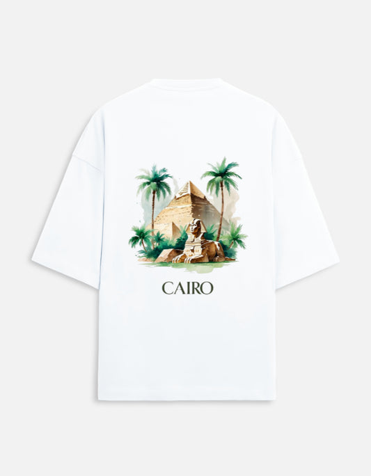 white unisex terry oversized travel t-shirt with pyramid graphic design