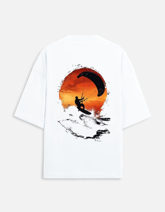 white unisex terry oversized travel t-shirt with water gliding graphic design