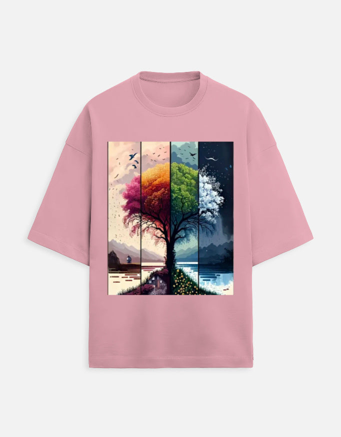 flamingo unisex terry oversized travel t-shirt with tree graphic design