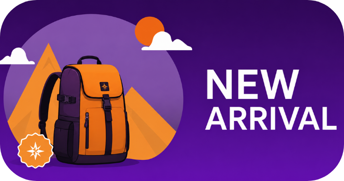 New arrival travel gear collection banner featuring an orange backpack, mountain illustration, and bold white New Arrival text on a purple background.