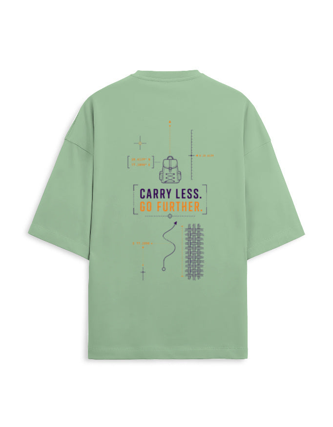 Carry Less Go Further oversized terry minimalist travel t-shirt – back print, unisex drop-shoulder fit | Khojo