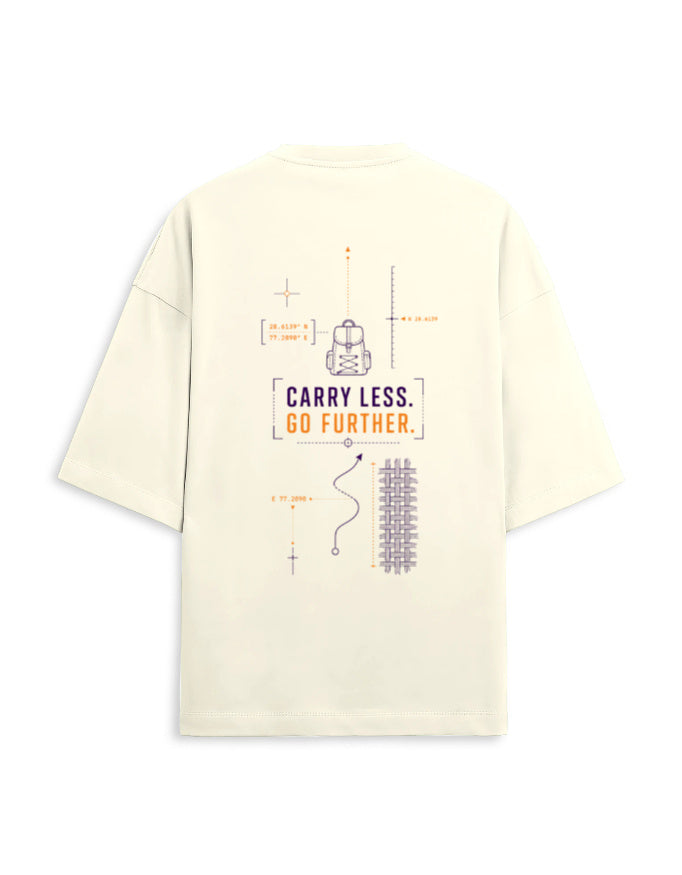 Carry Less Go Further oversized terry minimalist travel t-shirt – back print, unisex drop-shoulder fit | Khojo