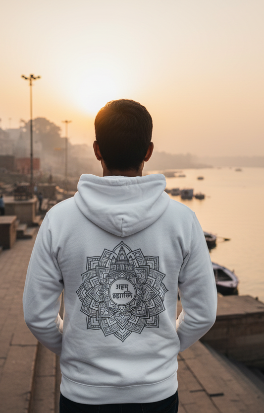 Person wearing a hoodie with a mandala design, standing by a river with boats and a temple in the background during sunset.