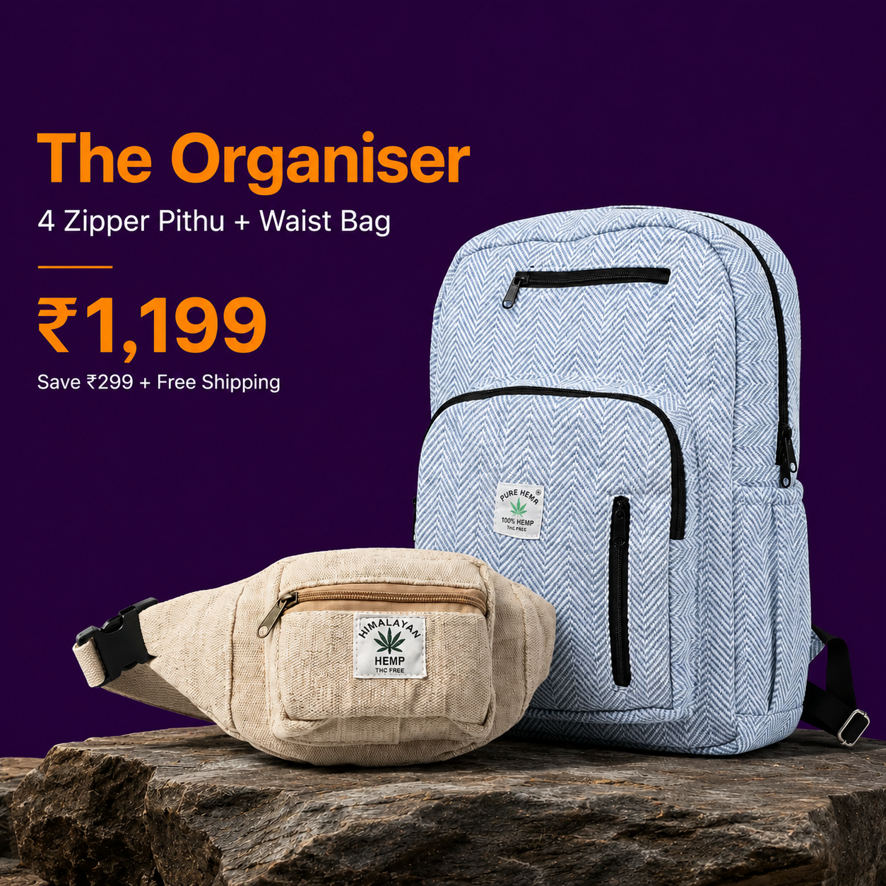 The Organiser — 4 Zipper Hemp Pithu + Waist Bag | Khojo