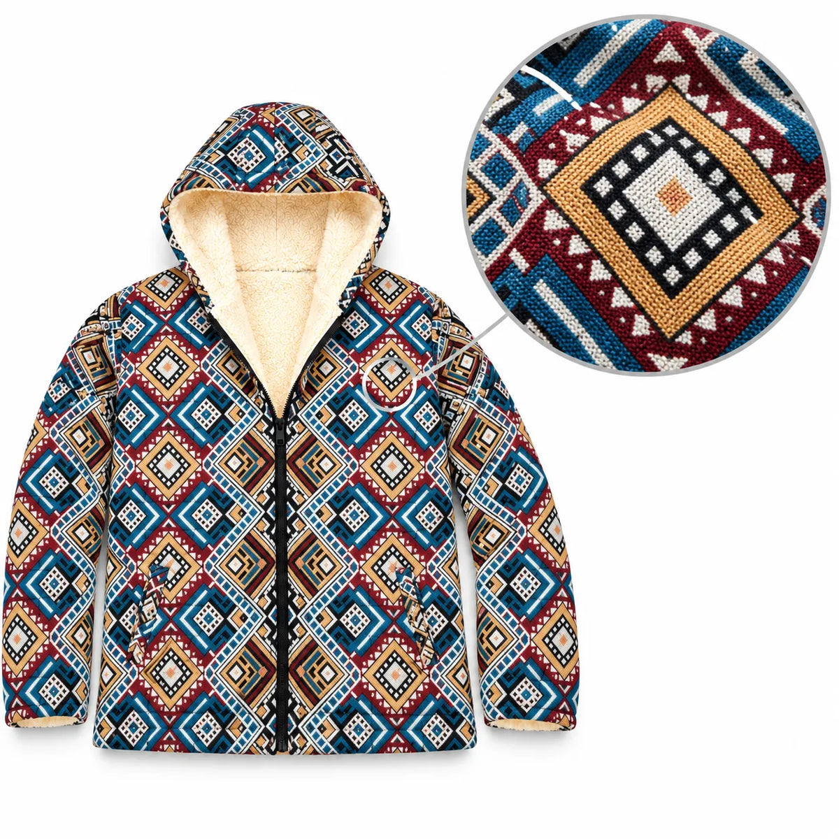 Khojo Kaarwan Jacket – Sherpa-Lined Jacquard Hooded Winter Jacket