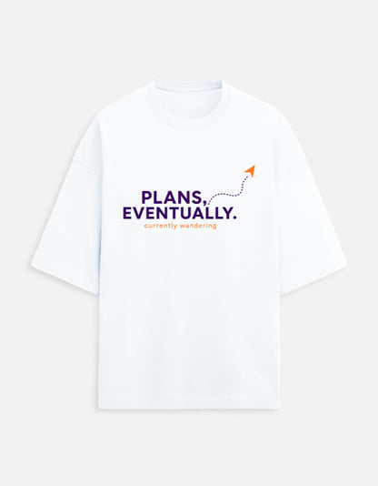 Plans, Eventually oversized terry travel t-shirt – front print, unisex drop-shoulder fit | Khojo