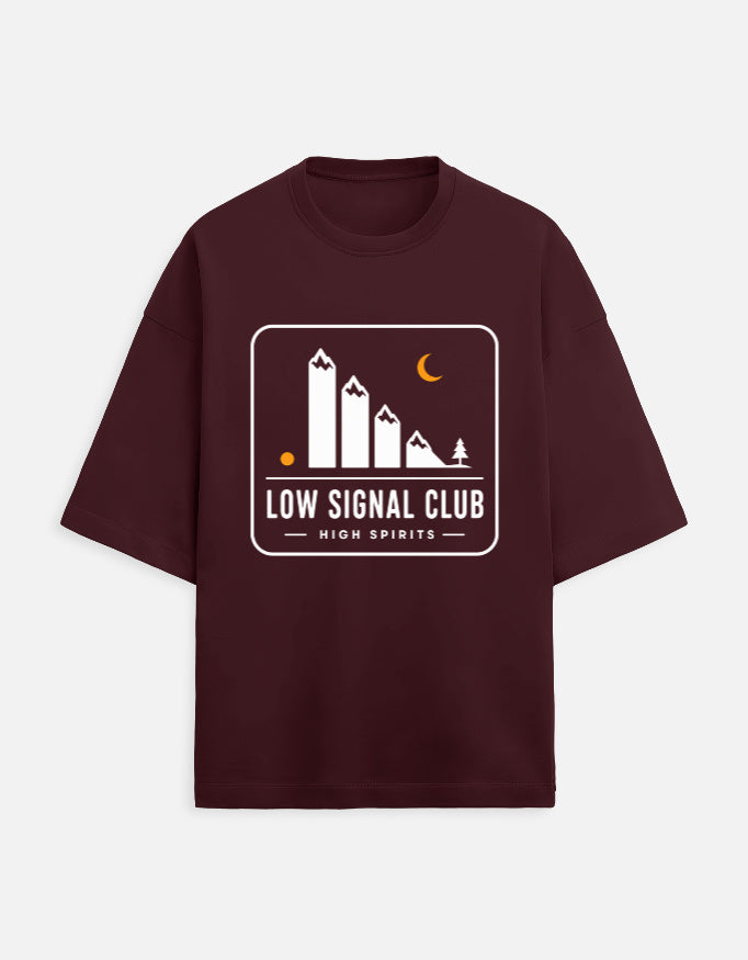 Low Signal Club oversized travel tee – Maroon – Khojo Store