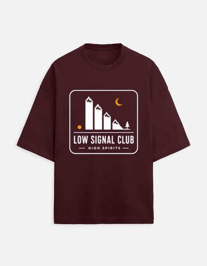 Low Signal Club oversized travel tee – Maroon – Khojo Store