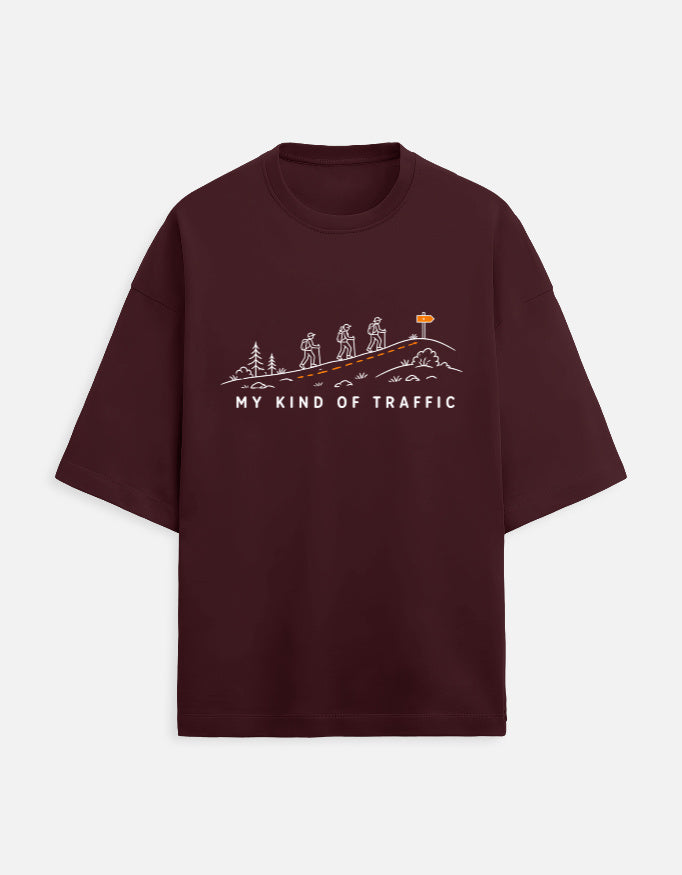 My Kind of Traffic oversized terry trekking travel t-shirt – front print, unisex drop-shoulder fit | Khojo