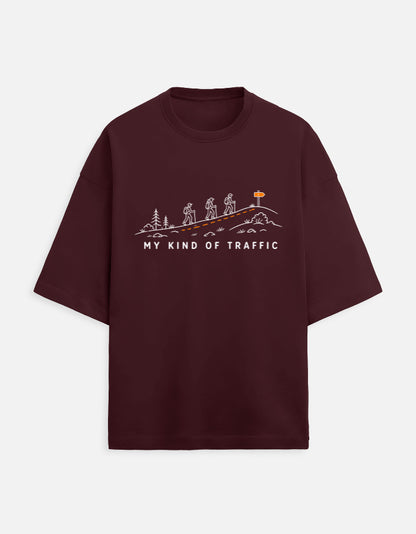 My Kind of Traffic oversized terry trekking travel t-shirt – front print, unisex drop-shoulder fit | Khojo