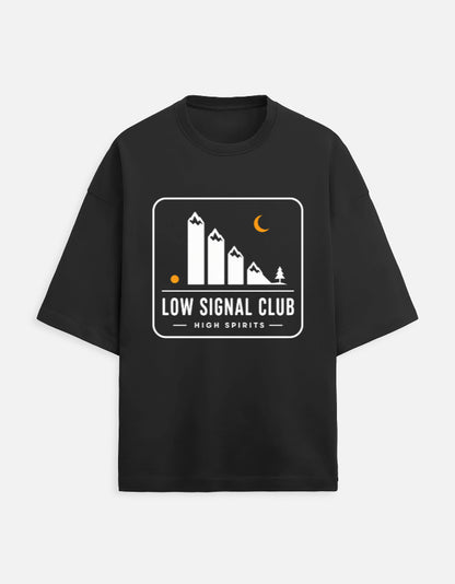 Low Signal Club oversized travel tee – Black – Khojo Store