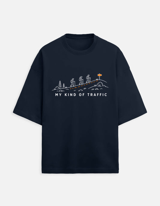 My Kind of Traffic oversized terry trekking travel t-shirt – front print, unisex drop-shoulder fit | Khojo