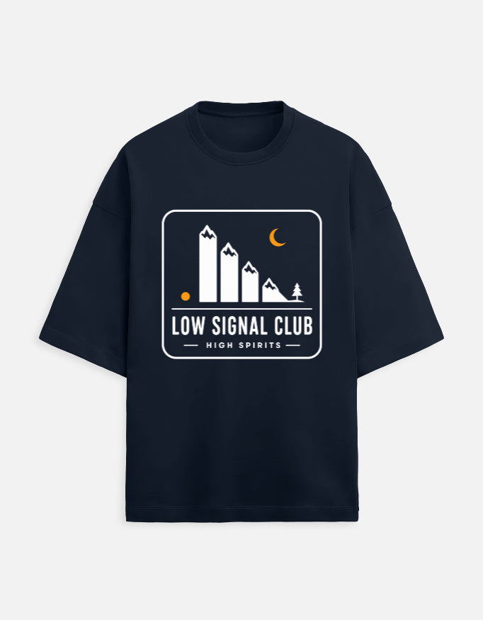 Low Signal Club oversized travel tee – Navy Blue – Khojo Store